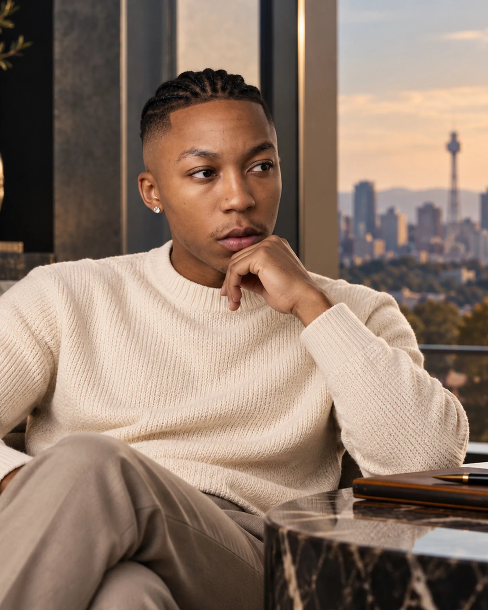 Dexter Moyana seated beside a city window