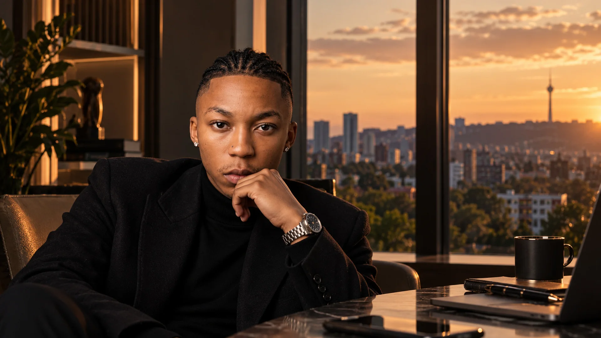 Dexter Moyana at a desk overlooking the city at sunset