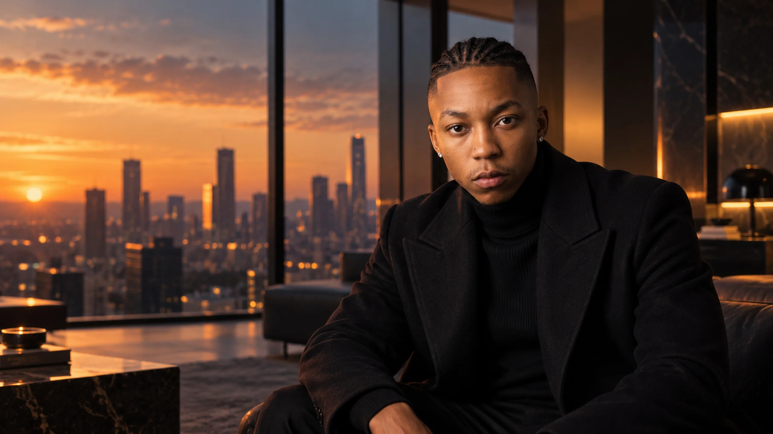 Dexter Moyana seated in a cinematic high-rise interior at sunset
