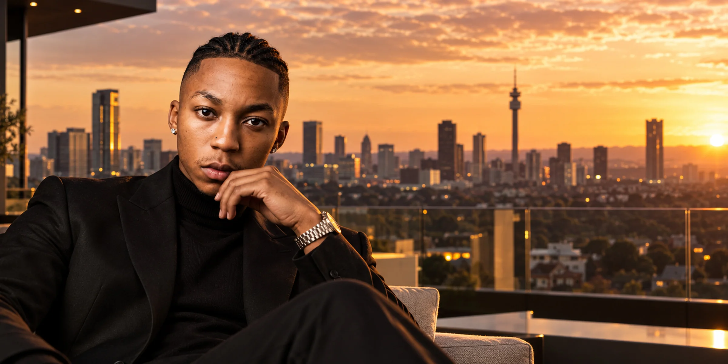 Dexter Moyana overlooking the city at sunset