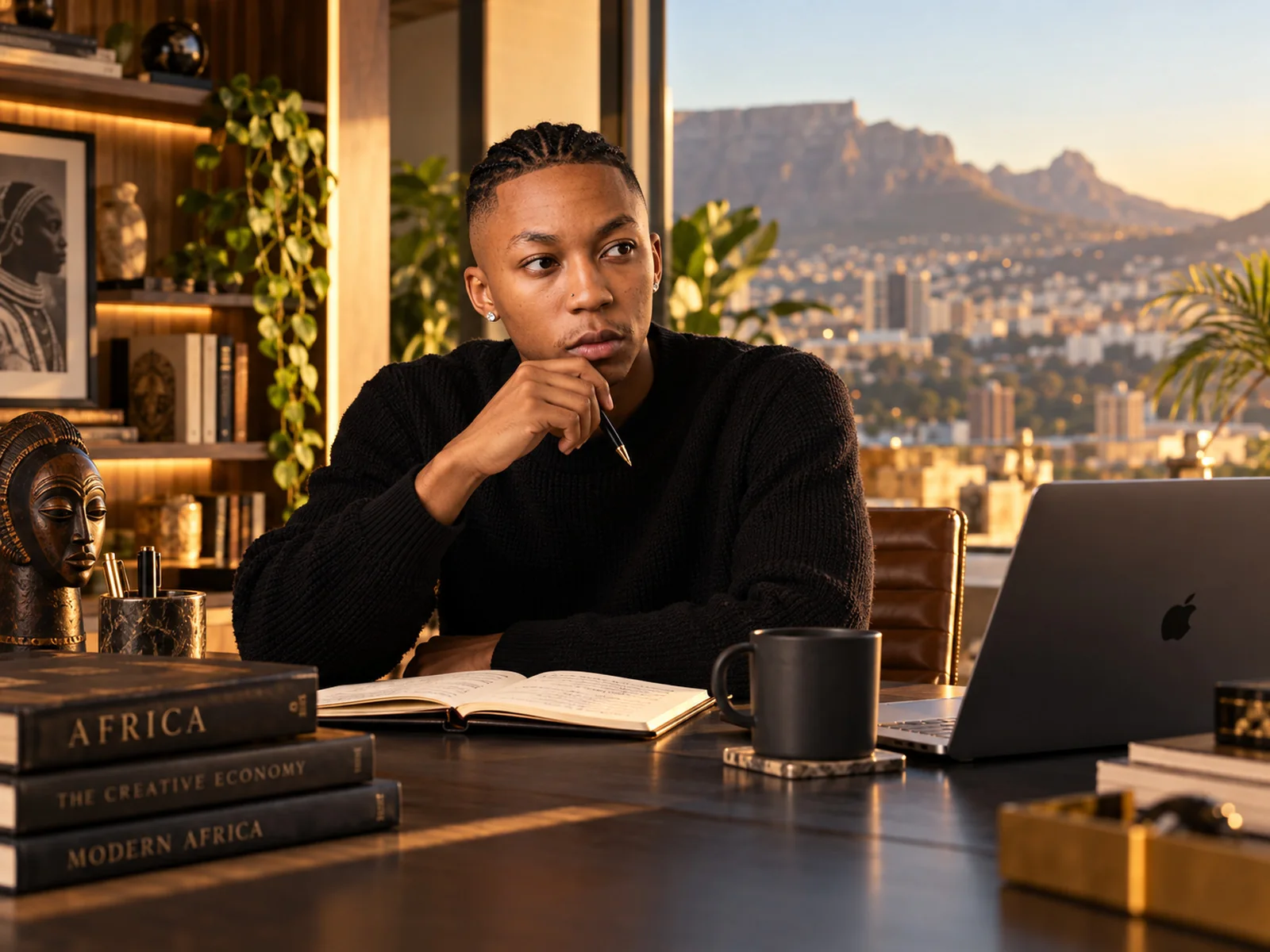Dexter Moyana writing at a desk with books and a city view