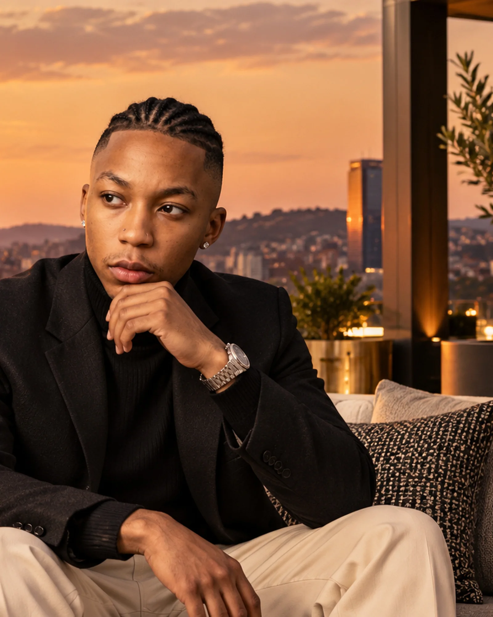 Dexter Moyana in an editorial portrait at sunset